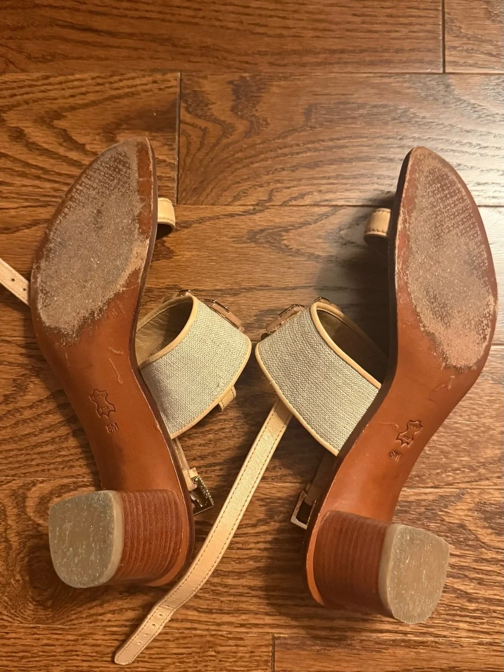 Tory Burch Tan Leather & Canvas Logo-Buckle Sandals